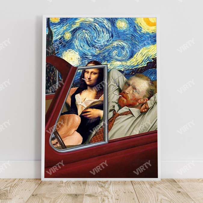 [Sale sập sàn] Tranh canvas decor Van Gogh x Mona Lisa drive a car Funny Art