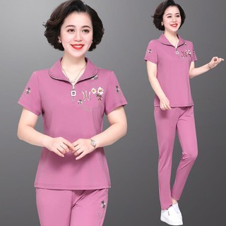midi♨♛Áo thun ngắn tay mùa hè của mẹ 2020 bộ đồ thể thao nữ trung niên và cao tuổi mới hai mảnh
