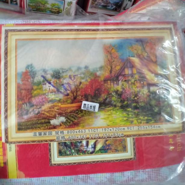 sale sốc Tranh thêu chỉ Lụa ngôi nhà mùa xuân tuyệt đẹp kt 197*120cm(hình thật) tranhđẹp
