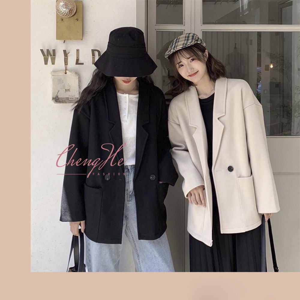 Áo khoác dạ Blazer dài tay cổ Vest cài cúc 2 lớp công sở dáng rộng Oversize A00101