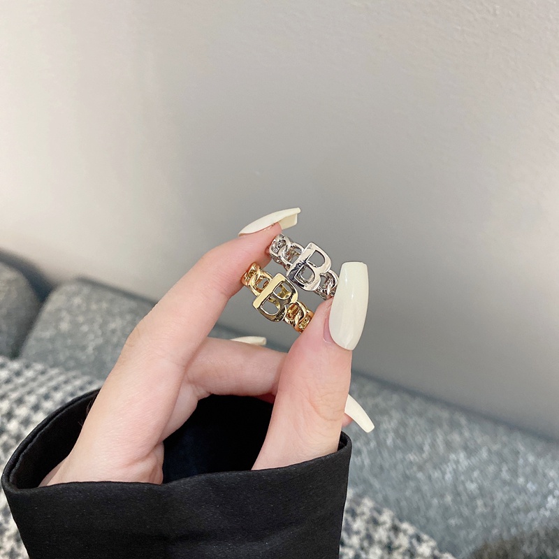 Nhẫn đeo tay kim loại khắc chữ B phong cách retro