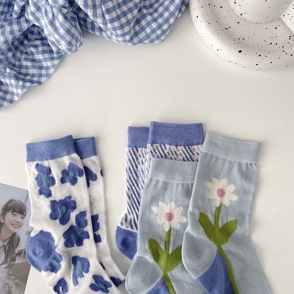Summer Cute Socks korean style women Japanese Flower Socks Sky Blue Sweet Floral Socks Cute Fresh Socks Soft Casual Long Socks