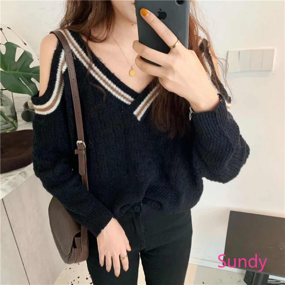Áo sweater dệt kim dáng rộng cổ chữ V hở vai thời trang mùa thu dành cho nữ
