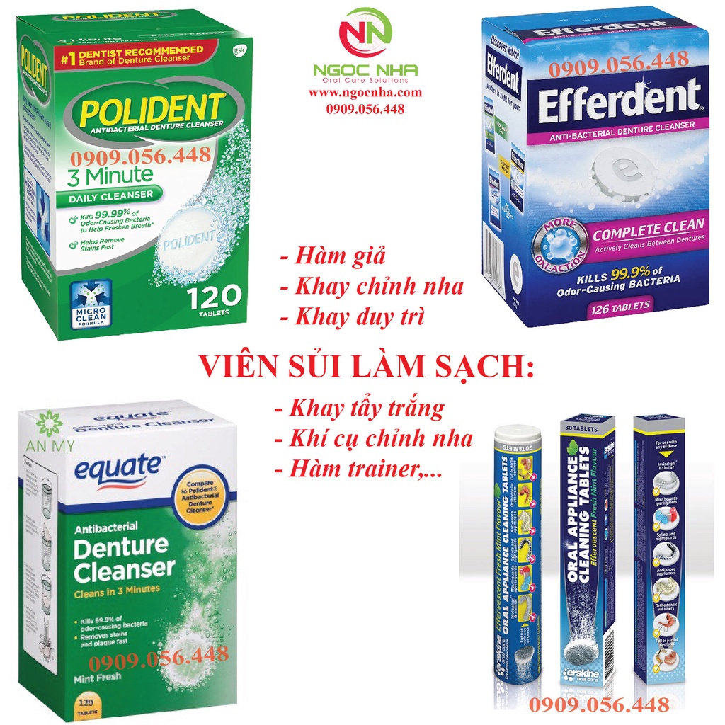 Viên sủi ngâm làm sạch và vệ sinh hàm giả răng giả hàm tháo lắp, vệ sinh khay chỉnh nha Efferdent/Polident - Mỹ