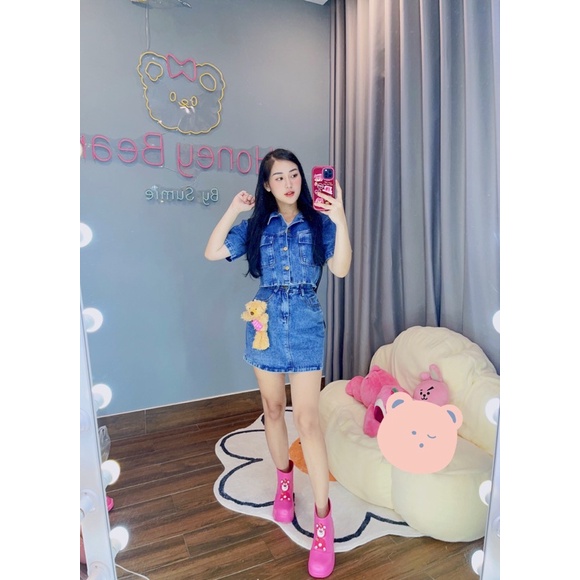 SET BỘ ĐI CHƠI - ÁO SƠ MI DENIM KÈM CHÂN VÁY CÓ GẮN GẤU DỄ THƯƠNG CAO CẤP - CÓ SIZE - HB031 vs HB029