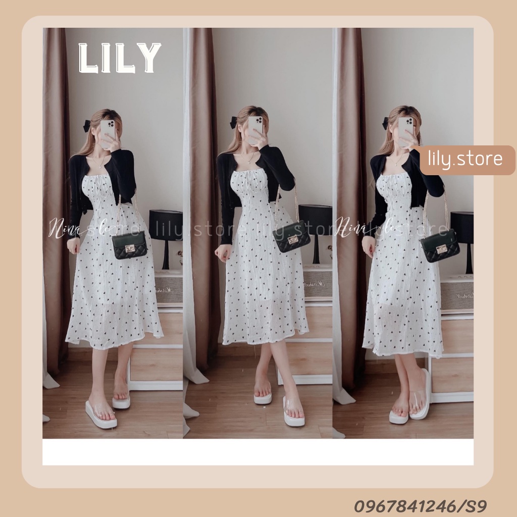 Set váy hai dây dáng dài mix áo len croptop tay dài, Đầm hai dây hoa nhí mix croptop len tăm size S/M S9 LILY