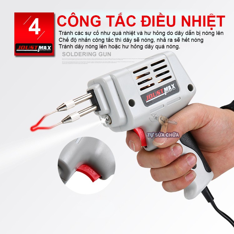 Mỏ hàn xung cao cấp chính hãng Joust Max 100W có đèn trợ sáng cho mối hàn đẹp và chính xác, làm nóng cực nhanh