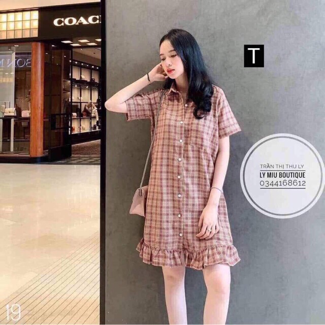 Váy sơ mi kẻ vintage đuôi xòe dáng rộng | BigBuy360 - bigbuy360.vn