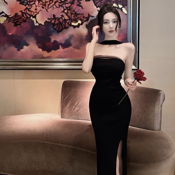 Đầm Dệt Kim Tay Dài Cổ Xẻ Tà Màu Đen Co Giãn Phong Cách Hàn Quốc Thời Trang Mùa Thu Quyến Rũ Cho Nữ