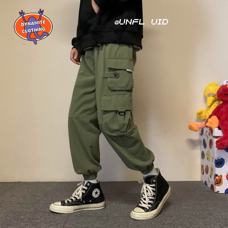 Quần dài ống rộng màu trơn thiết kế dây rút nhiều túi phong cách hiphop đường phố thời trang cho nam size m-4xl