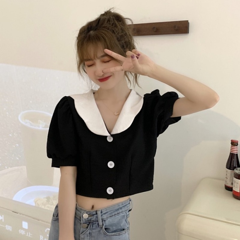 Áo Sơ Mi Tay Ngắn Cổ Bé Thân Ngắn Xinh Xắn Dành Cho Bạn Gái