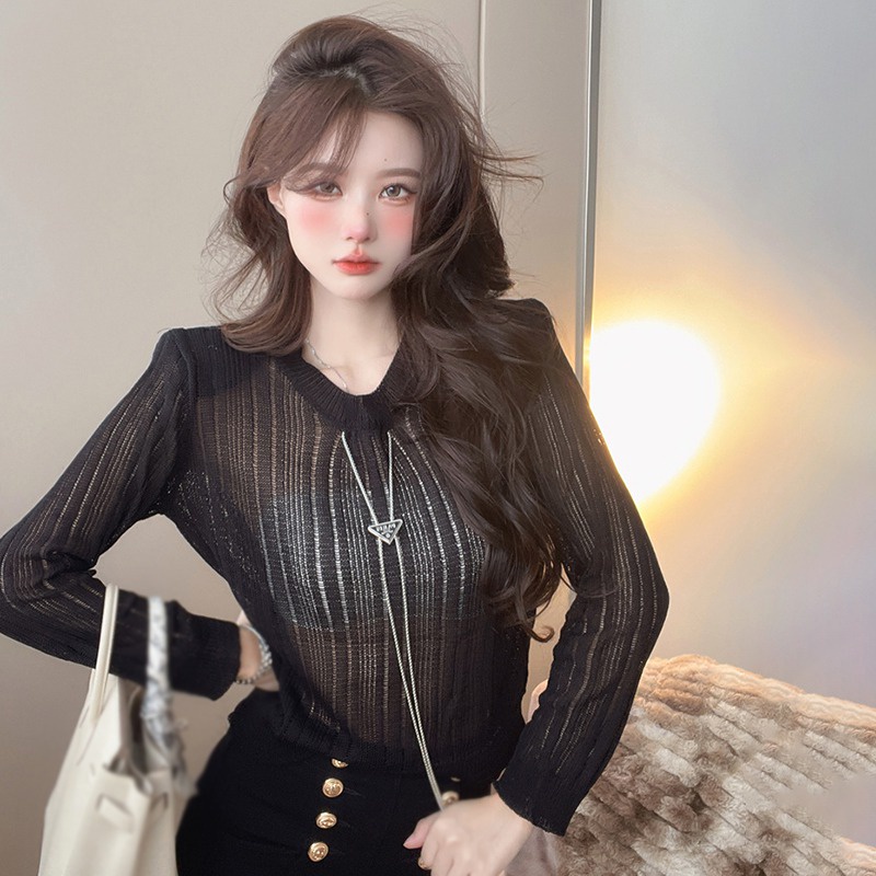Áo Thun Lụa Dệt Kim Tay Dài Cổ Tròn Dáng Rộng Chống Nắng Phong Cách Hàn Quốc Cho Nữ