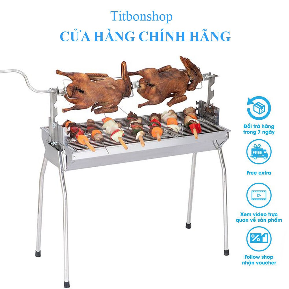 Bếp nướng than hoa không khói TBS chất liệu inox 304 toàn phần có 3 chế độ nướng kèm tay xoay dễ dàng xiên gà khi nướng