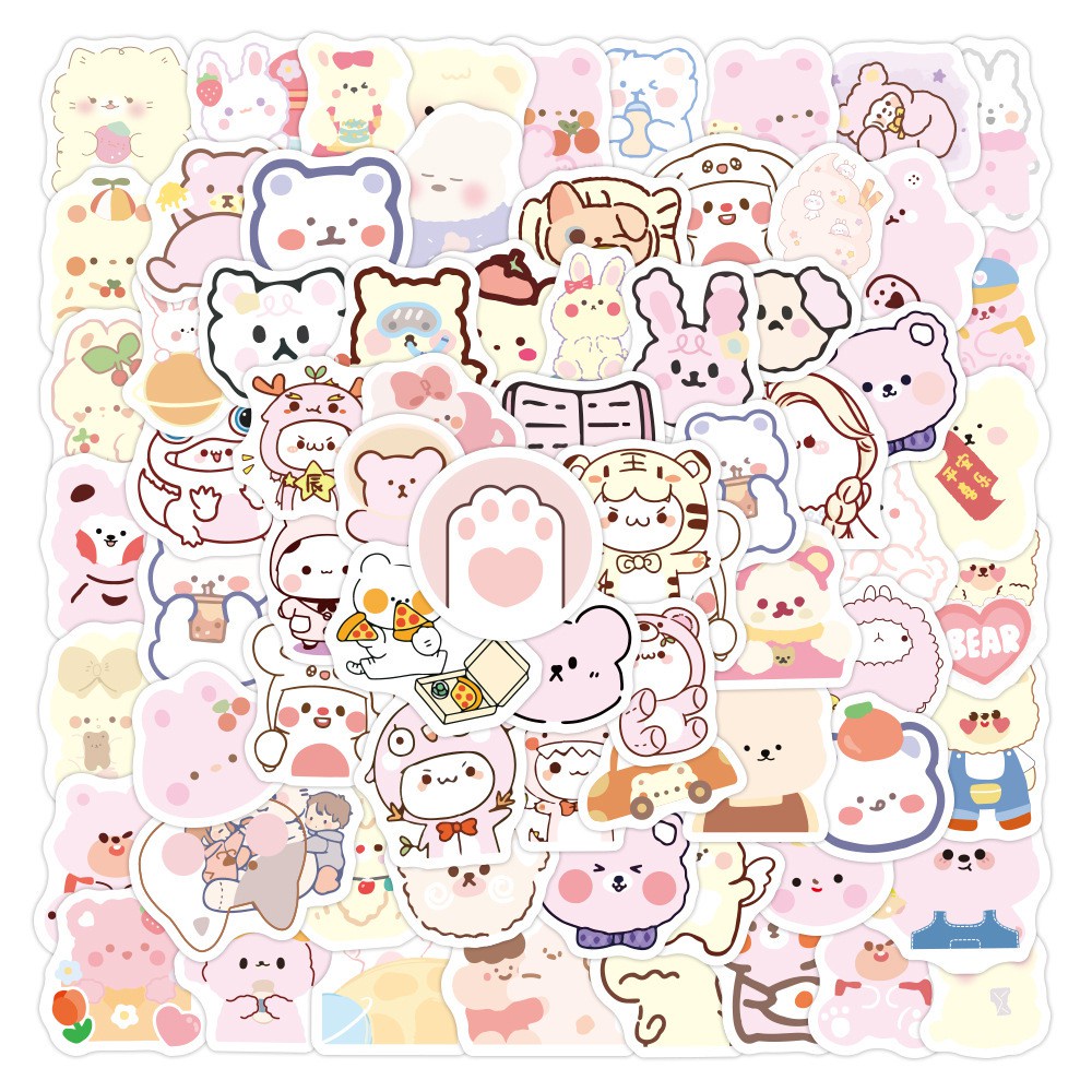 Set 100 chiếc sticker chống thấm nước gấu dễ thương đồ ăn nữ sinh chibi dán vali, laptop, nón bảo hiểm