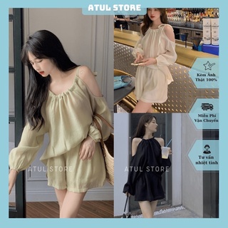 Set Áo Cổ Yếm quần Short, Set Áo Trễ Vai Tay Dài Dây Cột Nơ Kèm Quần Short Form Rộng Co Giãn Có Lót Dày Dặn - Sofa Set