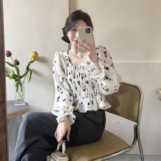 Áo kiểu BH tay dài cổ vuông in họa tiết hoa thời trang mùa thu cho nữ