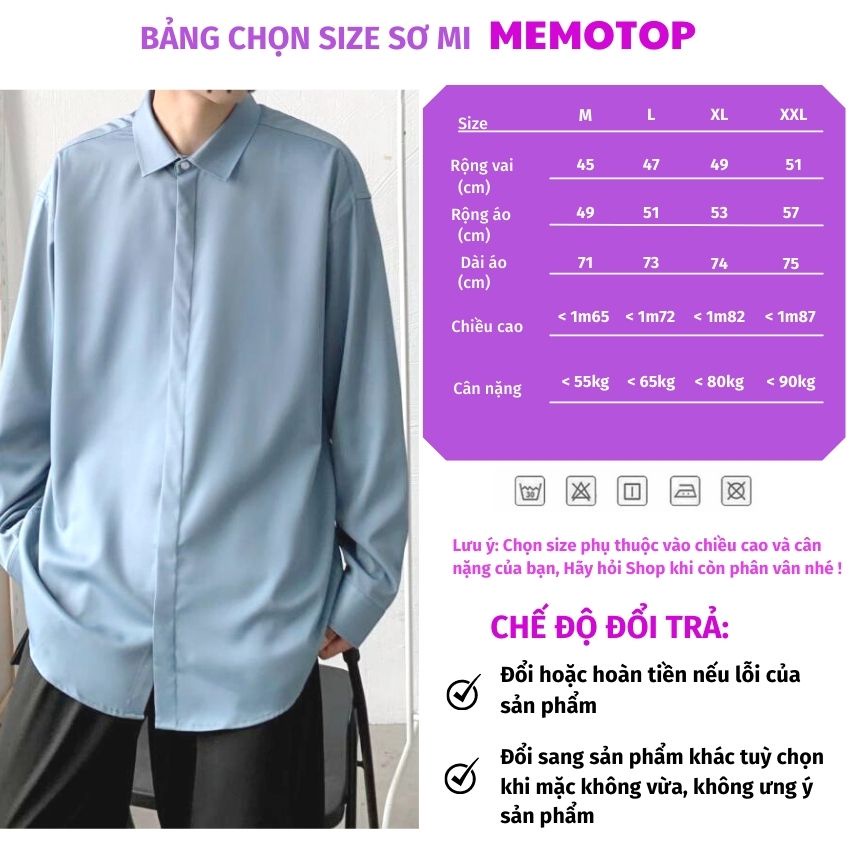 Áo sơ mi nam form rộng dài tay hàn quốc lụa mát giấu cúc đẹp xám xanh trắng đen MEMOTOP MM03