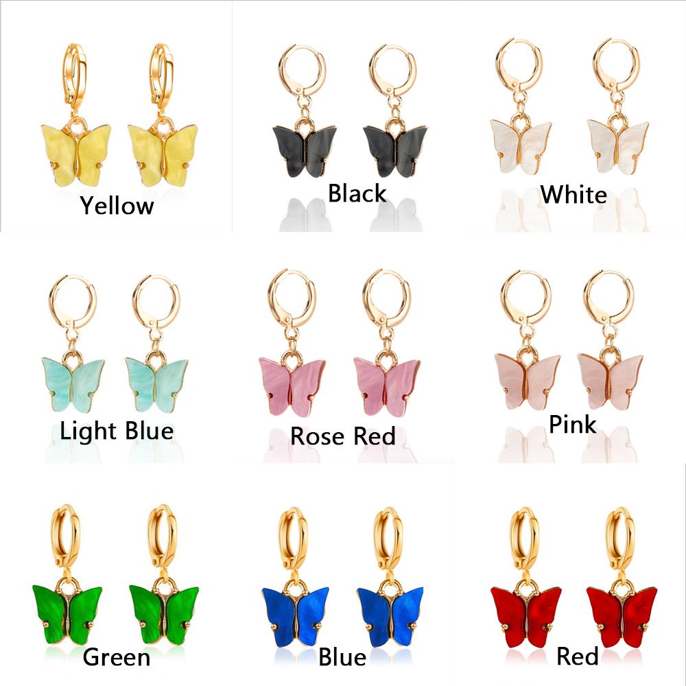 Đôi khuyên tai dạng móc dáng dài hình bươm bướm kiểu bất đối xứng chất liệu acrylic dễ thương thời trang dự tiệc cưới