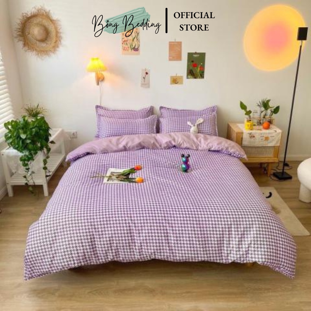 Bộ chăn ga Cotton Poly chăn ga Hàn Quốc Mẫu Kẻ đủ size miễn phí bo chun