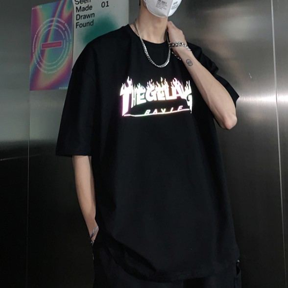 Áo thun tay ngắn in hình ngọn lửa phản quang thời trang cho nam