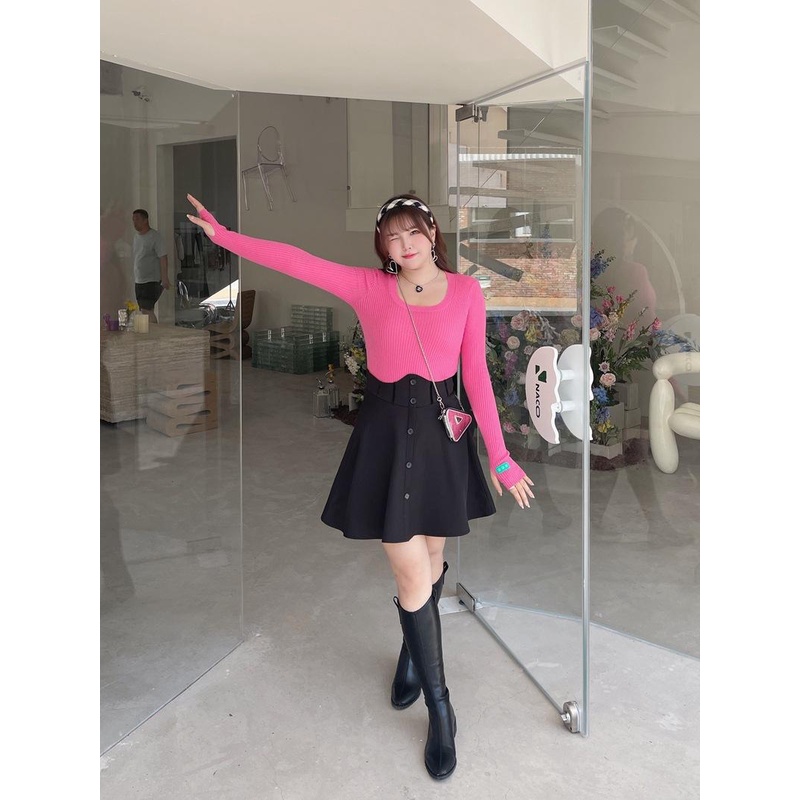 Chân váy xòe ngắn lưng cao NỊT BỤNG ôm eo có BIGSIZE màu đen trẻ trung năng động vải dày CV43