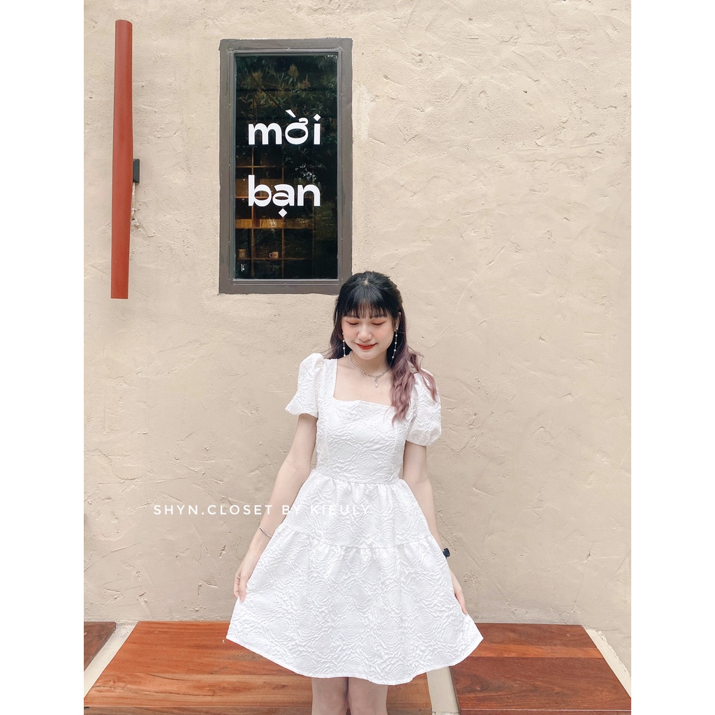 [ Rẻ Vô Địch - Hàng Sẵn ] Váy 2 lớp cổ vuông tay bồng cột dây lưng, Đầm babydoll gấm hoa nổi cột dây - Shyn.Closet | BigBuy360 - bigbuy360.vn