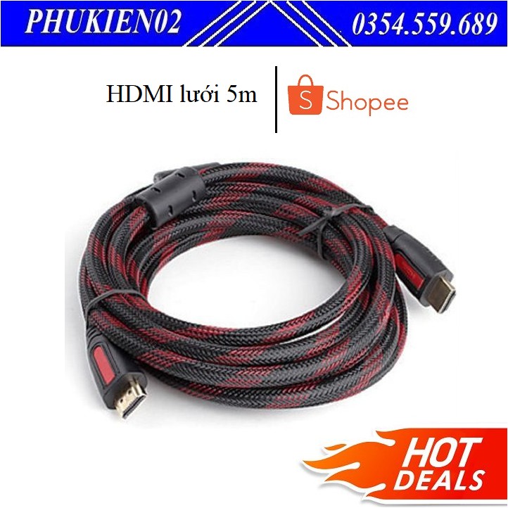 Dây cáp HDMI dài 5m bọc lưới đen vạch đỏ chống nhiễu giá rẻ chất lượng tín hiệu âm thanh, hình ảnh rõ rPK02HDMI5m