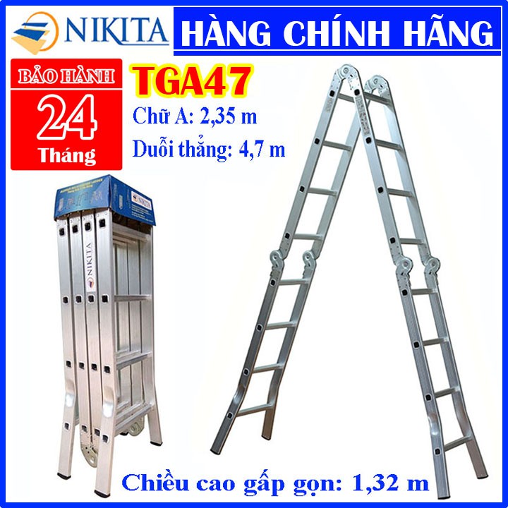 [Chính hãng] Thang nhôm gấp 4 đoạn - Chữ A 2,35m duỗi thẳng 4,7m Nikita TGA47