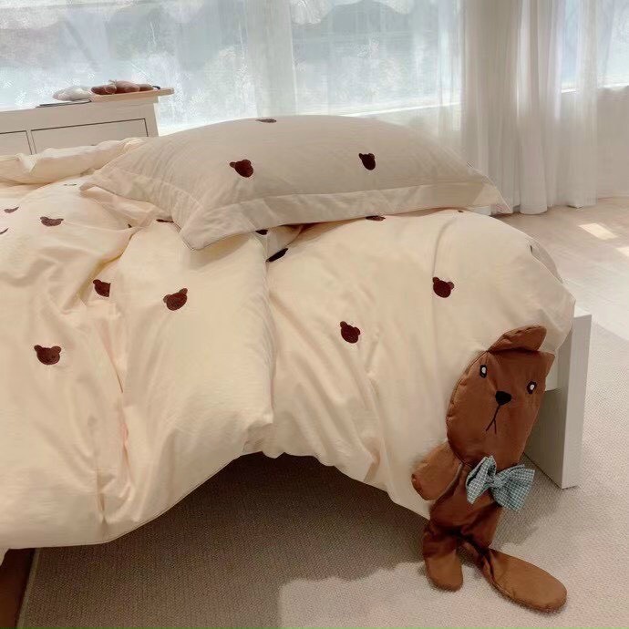 Bộ Chăn Ga Gối Teddy Bear Đũi Mềm Mại Luna Bedding