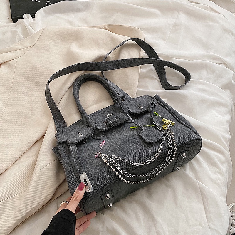 Túi Xách Tay Bằng Vải Canvas Phối denim Thời Trang Dành Cho Nữ