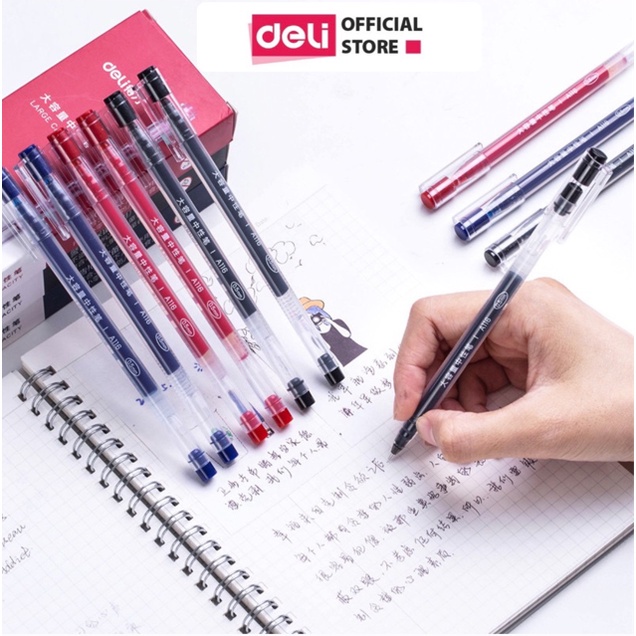 Bút gel mực nước văn phòng 0.5mm Deli ba màu xanh đen đỏ nhanh khô viết đều trơn tru lâu hết mực chất lượng cao - A116