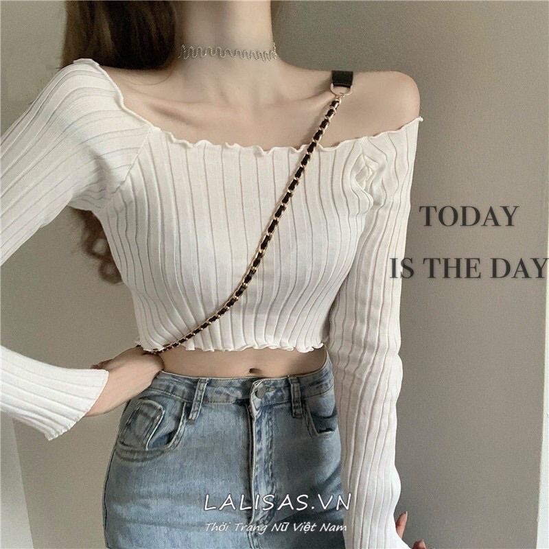 Áo thun kiểu tay dài dáng ôm sát gợi cảm phong cách Hàn QuốcC8777