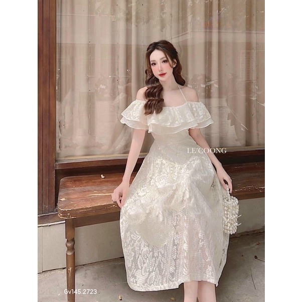 G1- đầm midi ren trắng bẹt vai bèo Gv145, chất ren có mút, freesize