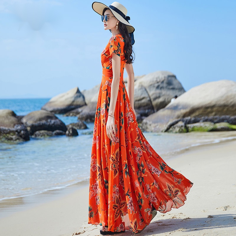Đầm Chiffon Cổ Tròn Tay Ngắn Dáng Dài Qua Gối Thời Trang Đi Biển Cho Nữ