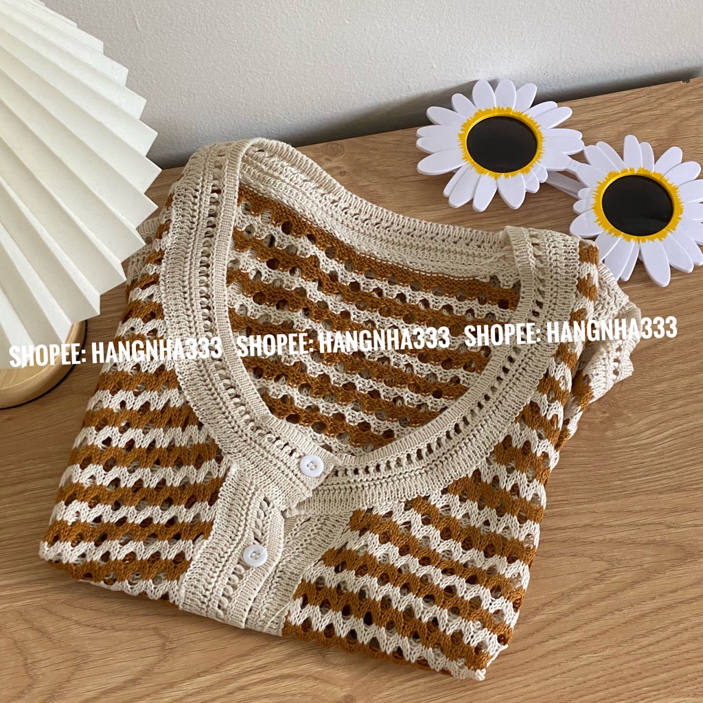 Áo len gile tanktop sát nách dáng rộng cài khuy hoạ tiết sọc ngang nhiều màu vintage