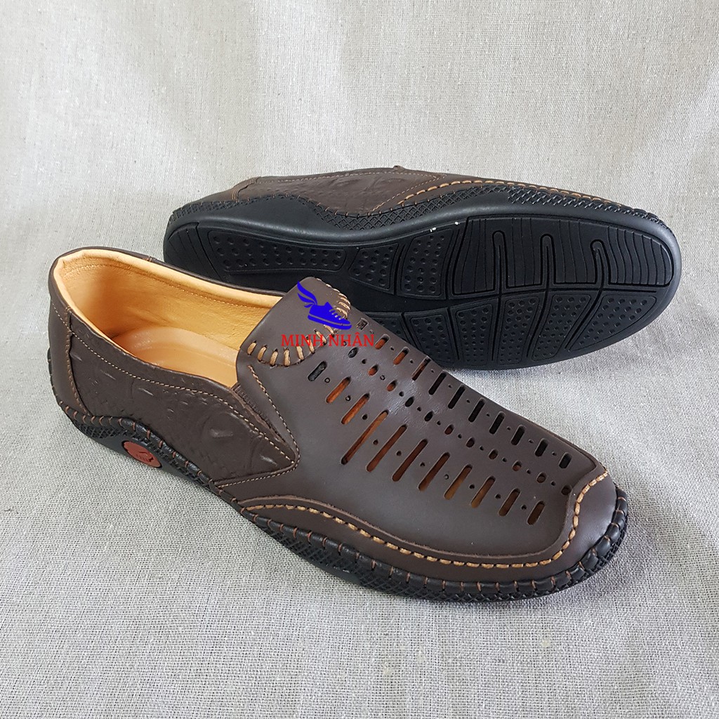 Giày rọ nam da bò cao cấp LÓT DA CỪU nguyên tấm đế khâu mùa hè đục lỗ thoáng khí Men’s Summer Shoes H-2 màu cafe