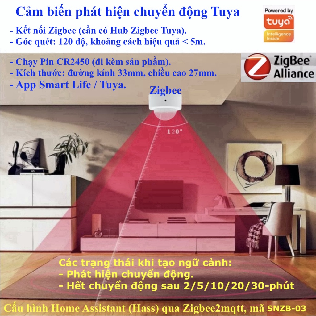 Cảm biến PIR phát hiện chuyển động, Zigbee, Hệ Tuya, Smart Life, Home Assistant -