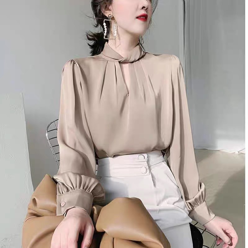 Áo sơ mi lụa tay bồng dài tay cổ xoắn - áo sơ mi công sở nữ 109