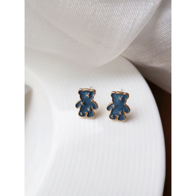 Bông tai gấu hình sao nhỏ màu xanh phong cách Hàn Quốc dành cho nữ