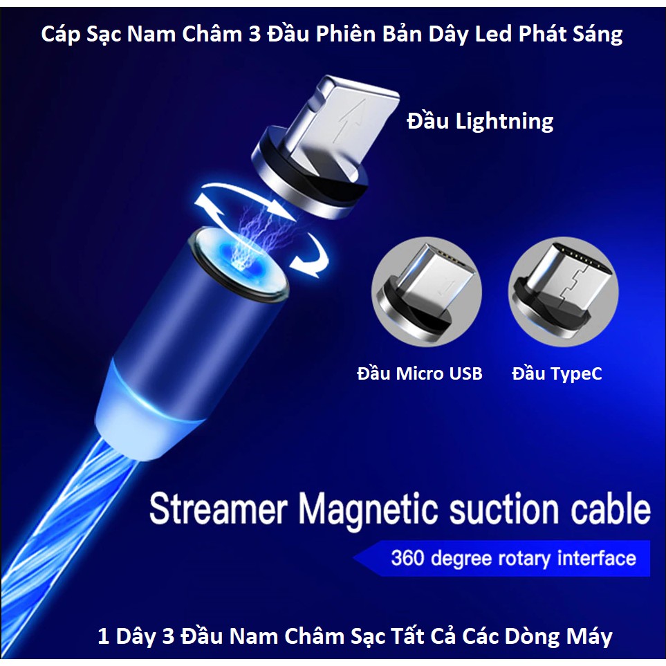 Cáp sạc nam châm đầu tròn cổng type C/ micro USB/ lightning có đèn led cho iPhone OPPO Huawei hỗ trợ sạc nhanh