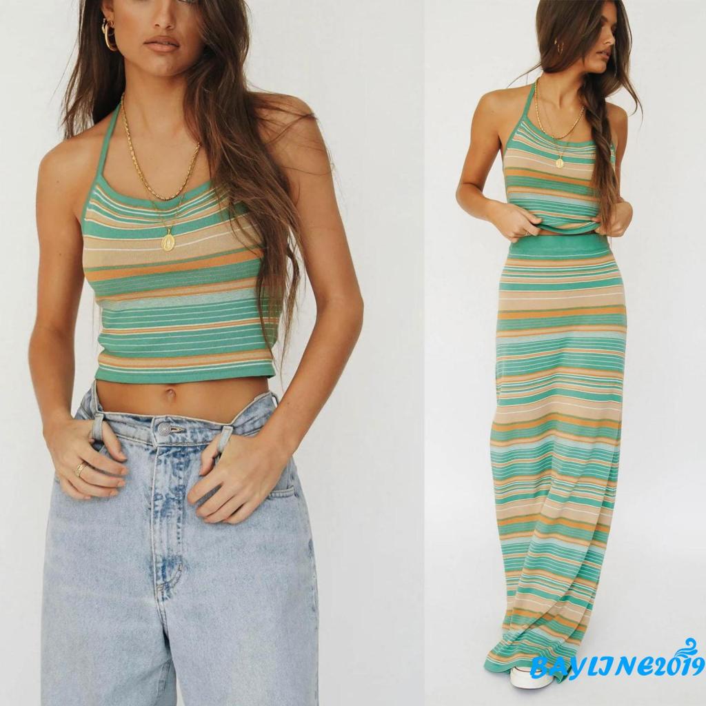 Set Áo 2 Dây Lửng + Chân Váy Sọc Thời Trang Nữ