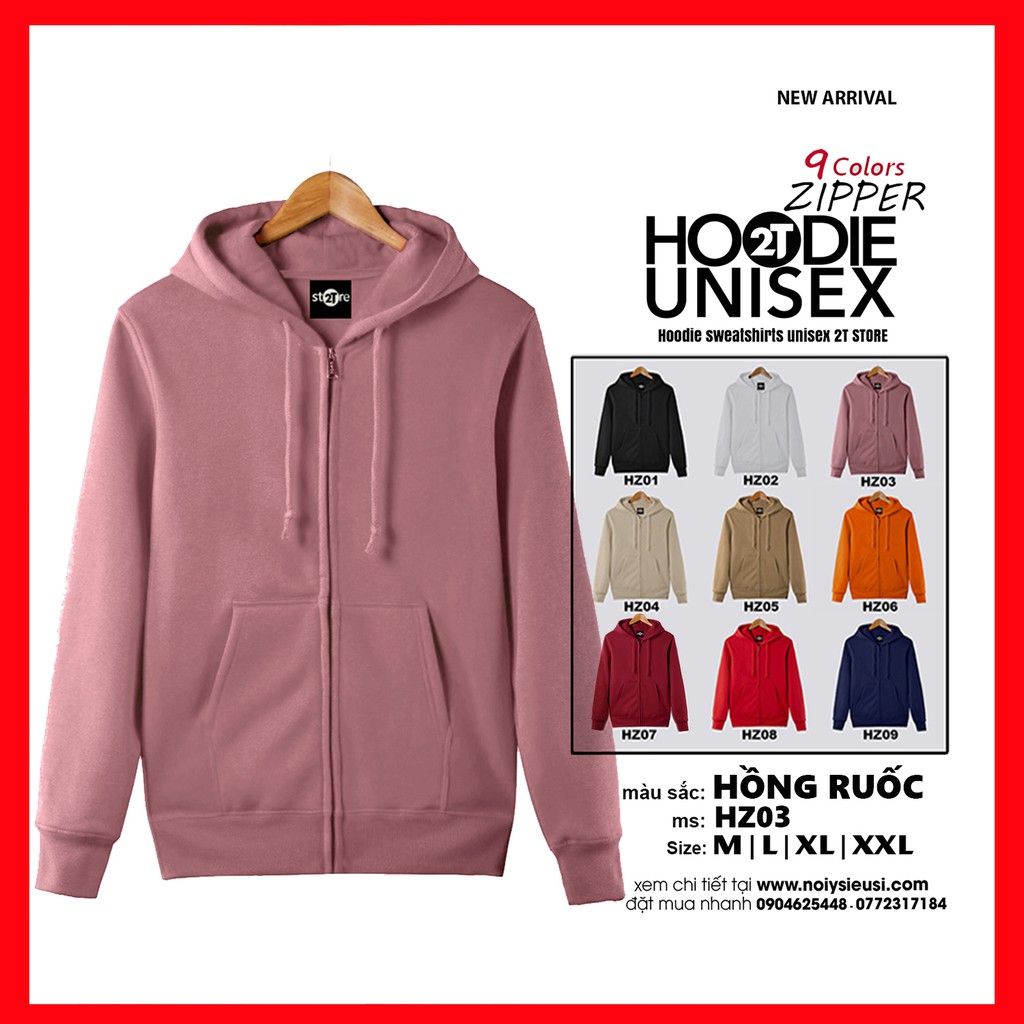 Áo hoodie zipper unisex 2T Store HZ03 màu hồng ruốc - Áo khoác nỉ dây kéo nón 2 lớp dày dặn chất lượng đẹp | BigBuy360 - bigbuy360.vn