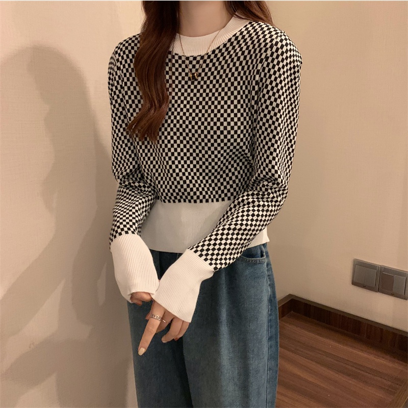Áo Sweater Nữ Kẻ Sọc Ca Rô Cổ Điển Hợp Thời Trang Hàn Quốc Mới