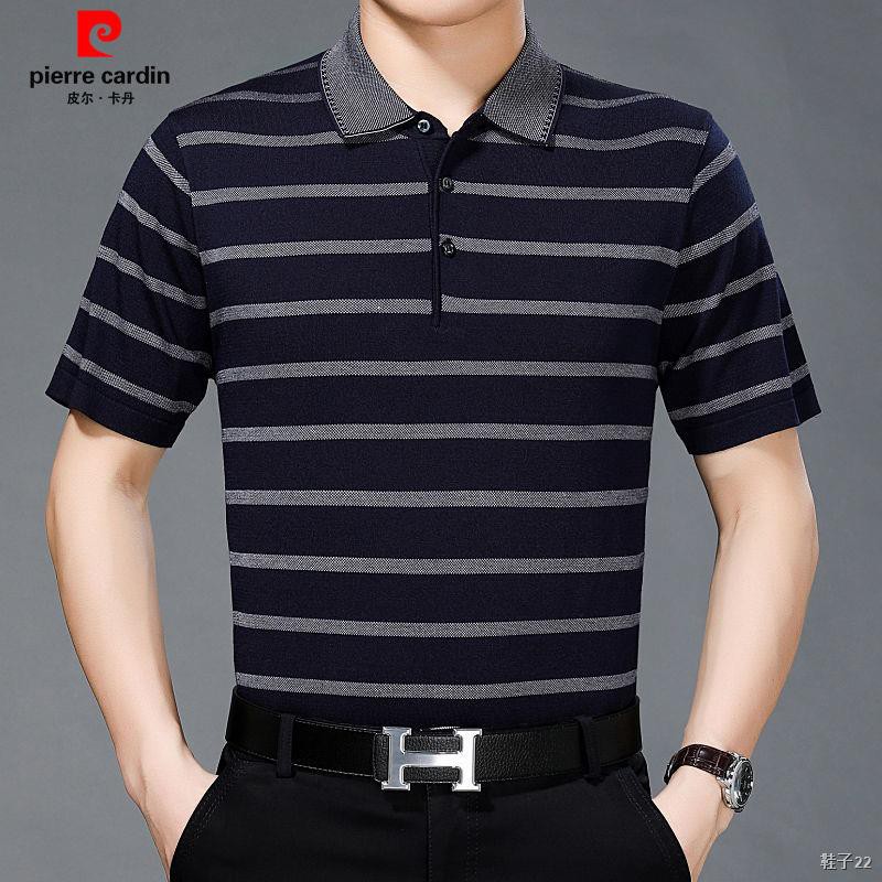 New Summer Pierre Cardin Ice Silk short- Áo phông nam trung niên và cao tuổi có ve sọc rộng rãi trang phục bố