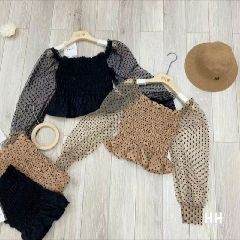 Áo kiểu trễ vai tay dài chấm bi hot hit QC Hàng Sẵn