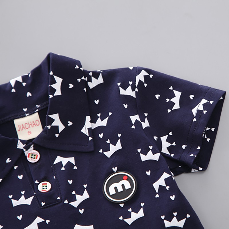 Bộ áo thun ngắn tay in hình vương miện + quần short denim cho bé trai