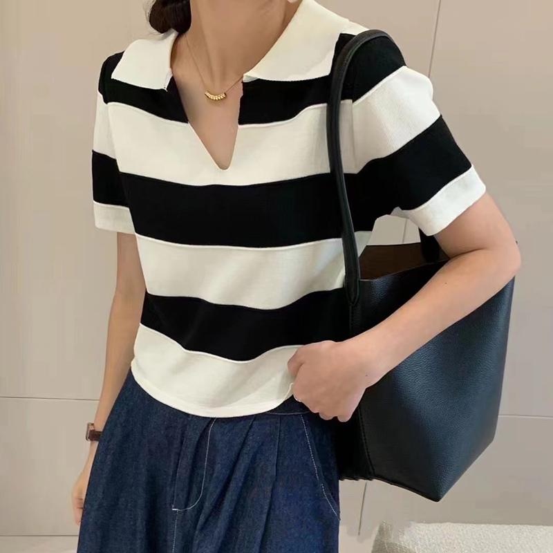 Áo thun polo ZHELIHANGFEI dệt kim tay ngắn kẻ sọc dễ phối đồ sành điệu