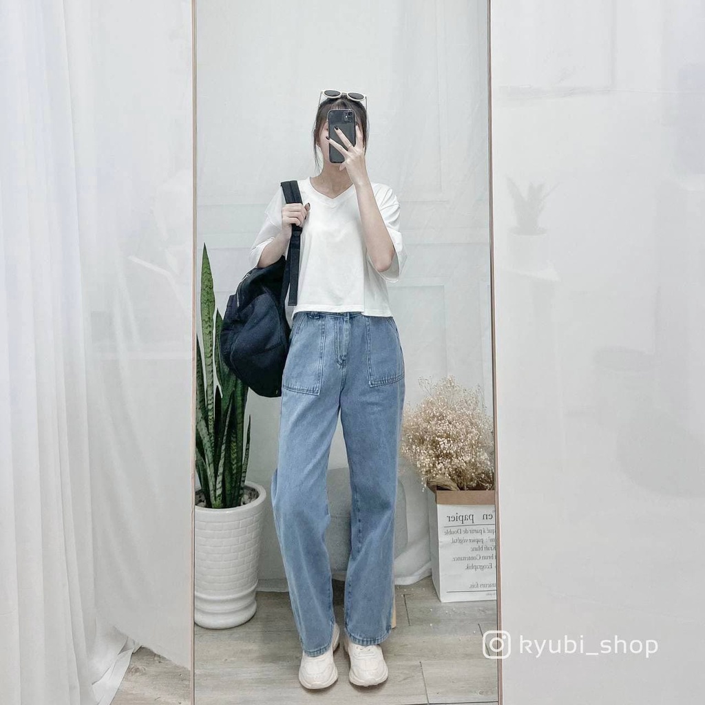 Quần Jean baggy nữ ống rộng suông Ulzzang Kyubi đai lưng cá tính [Có Set, Nhiều Màu]- Jean cullote Kyubi BJR2XL