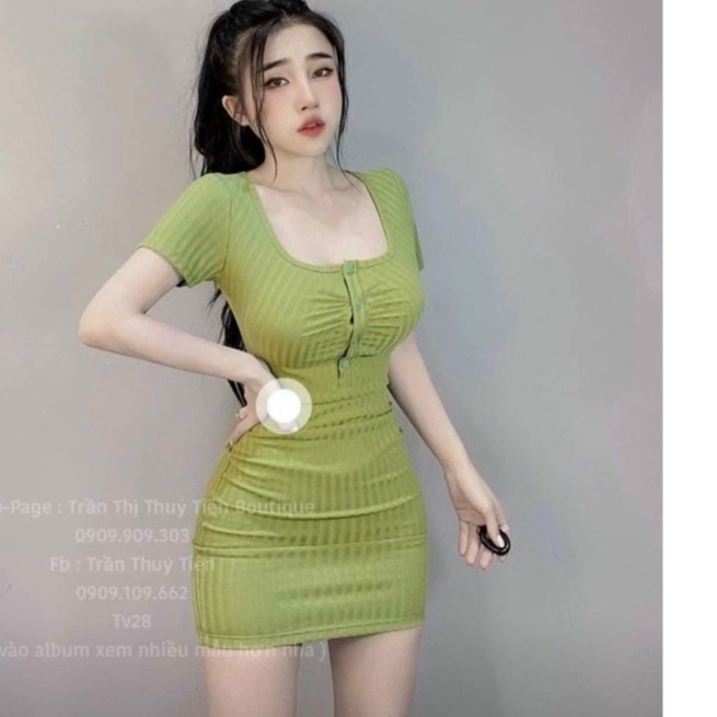 đầm tay ngắn nhúm đính nút ngực