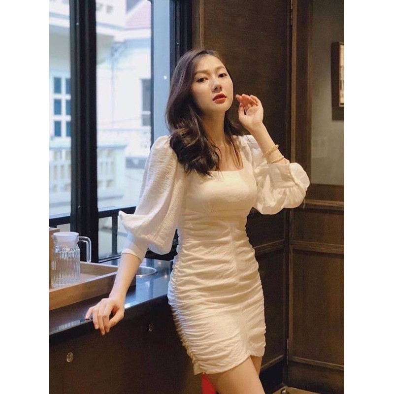 Đầm trắng cổ vuông tay phồng dáng ôm chất liệu đũi cao cấp 100% hàng giống mẫu - MN113 | BigBuy360 - bigbuy360.vn